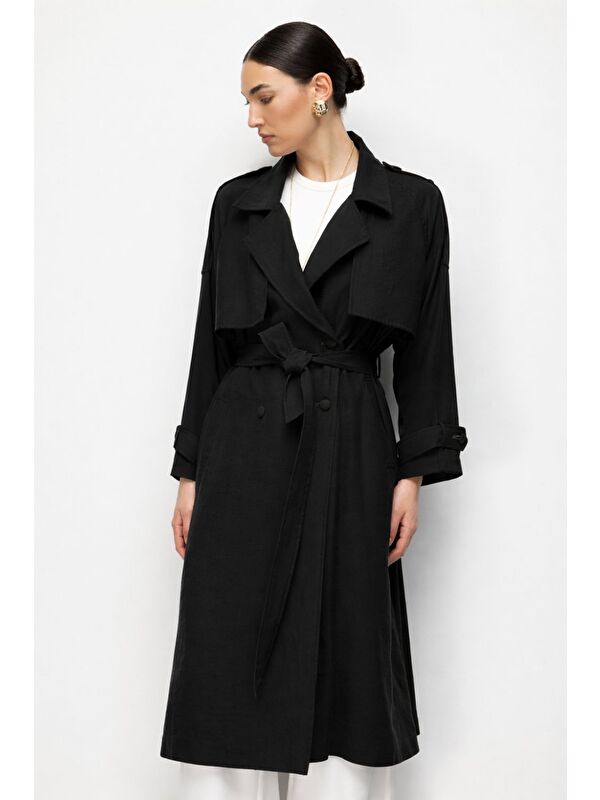 Mizalle Oversize Siyah Lyocell Trençkot