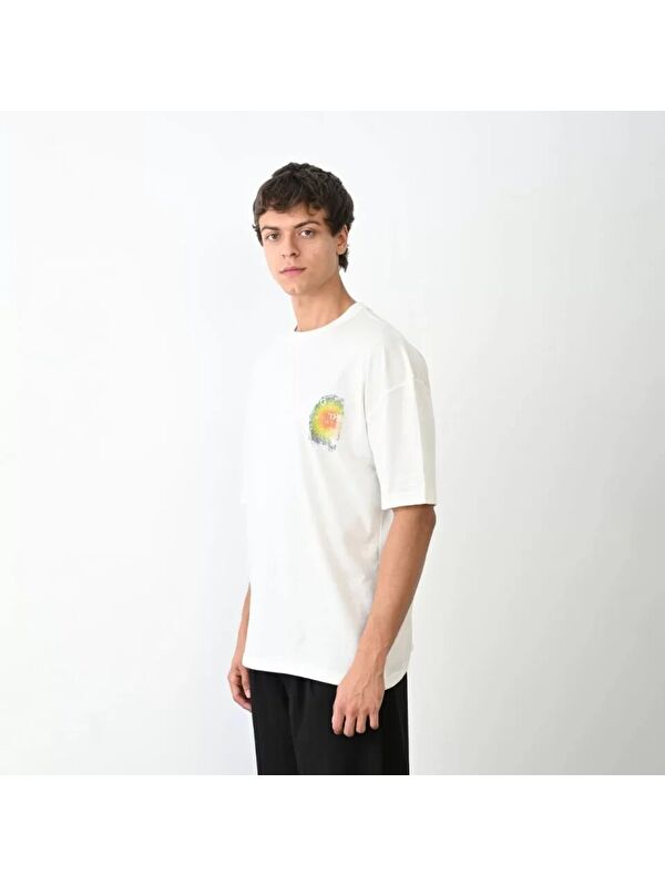 Jane's Unisex Bisiklet Yaka Baskılı Oversize T-Shirt - Beyaz
