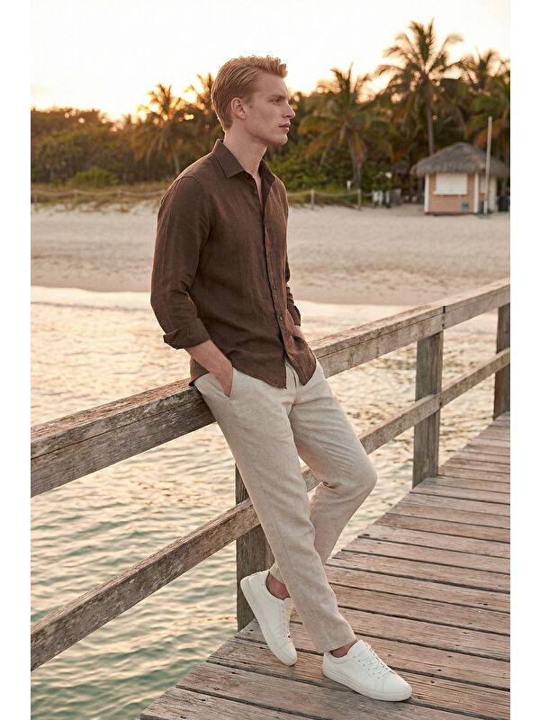Buratti Keten Regular Fit Normal Bel Düz Paça Pantolon CF26S6110228