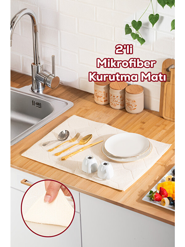 Porsima 3139-1 2li Mikrofiber Tezgah Üstü Kurutma Matı Kurulama Bezi Süper Emici Bulaşıklık Krem