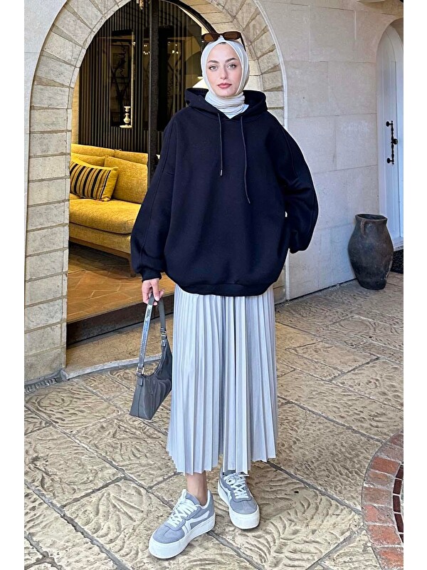 Lamelif Kapüşonlu Oversize Yan Cepli Sweat Lacivert