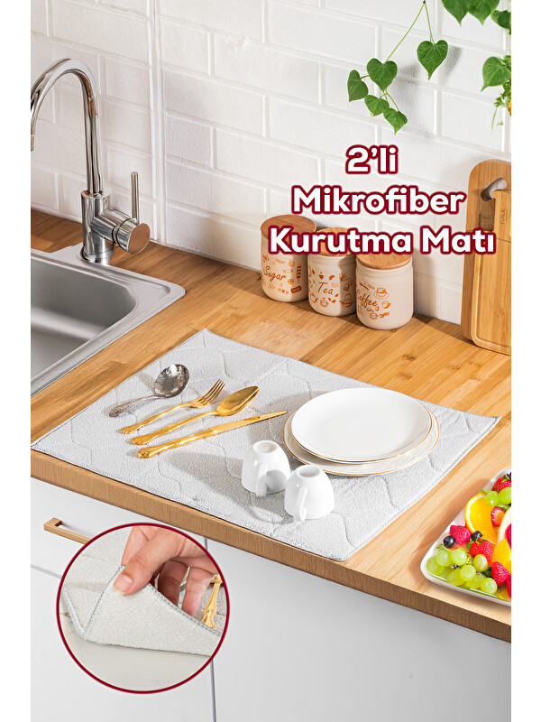 Porsima 3139 2li Mikrofiber Tezgah Üstü Kurutma Matı Kurulama Bezi Süper Emici Bulaşıklık Gri