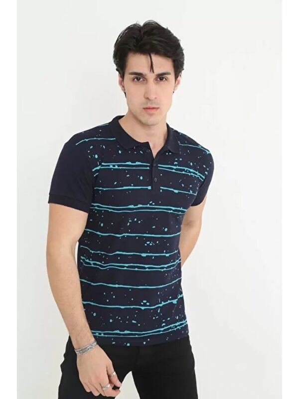 Jane's Erkek Yakalı Slim Fit Pike Çizgili T-Shirt - Lacivert
