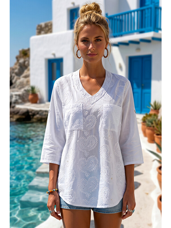 Chiccy Beyaz V Yaka 3/4 Kol Pullu Cepli Brodeli Delikişi Nakışlı Casual Pamuklu Dokuma Bluz 71 55