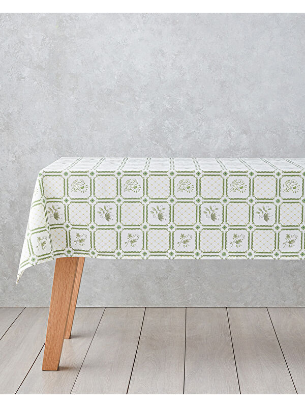 English Home Botanical Garden Pamuk Polyester Masa Örtüsü 150x200 cm Beyaz - Yeşil