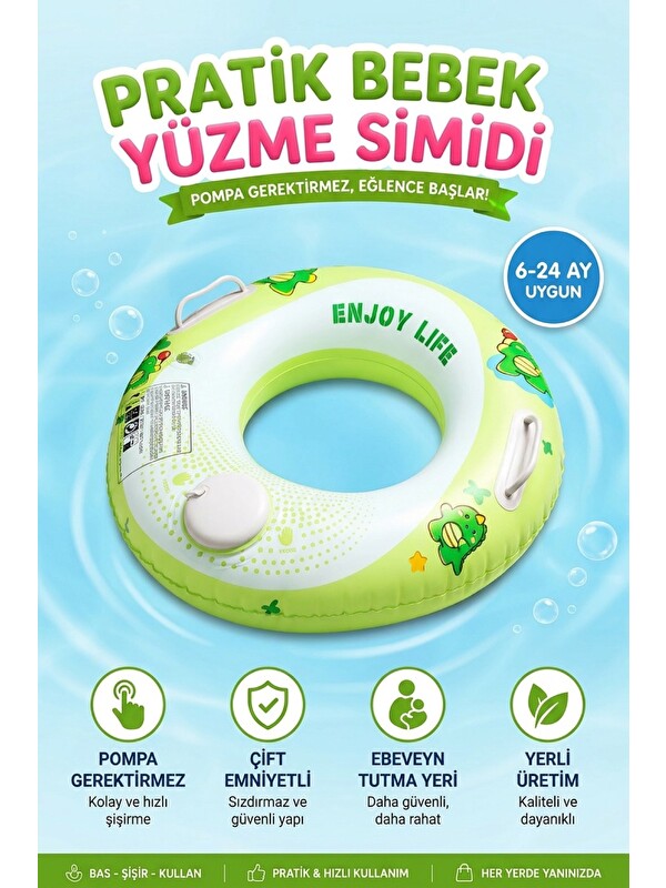 Oglo Çocuk Yüzme Simidi Süngerli Ebeveyn Tutma Yerli Çift Emniyetli Bas Şişir Pratik Yeşil Simit