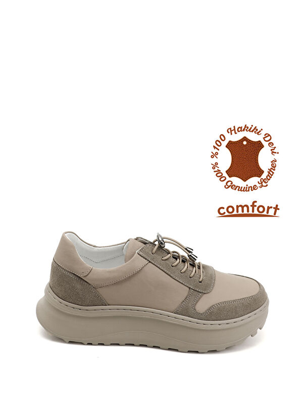 Kadın BEJ Lastik Bağcıklı Comfort Hakiki Deri Sneaker - Görsel 2