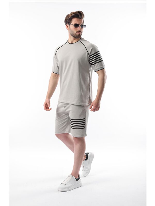 Madmext Boyalı Gri Baskılı Reglan Kol Erkek Şort T-Shirt %100 Pamuk Takımı E7306