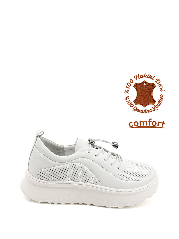 GÖNDERİ(R) Kadın BEYAZ-AÇIK GRİ Lastik Bağcıklı Comfort Hakiki Deri Sneaker
