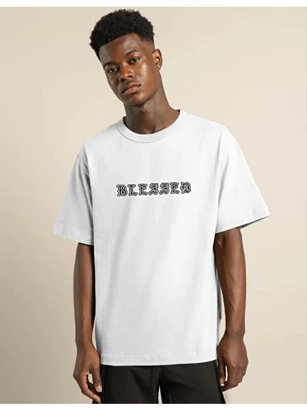 Jane's Unisex Bisiklet Yaka Oversize Baskılı T-Shirt - Beyaz