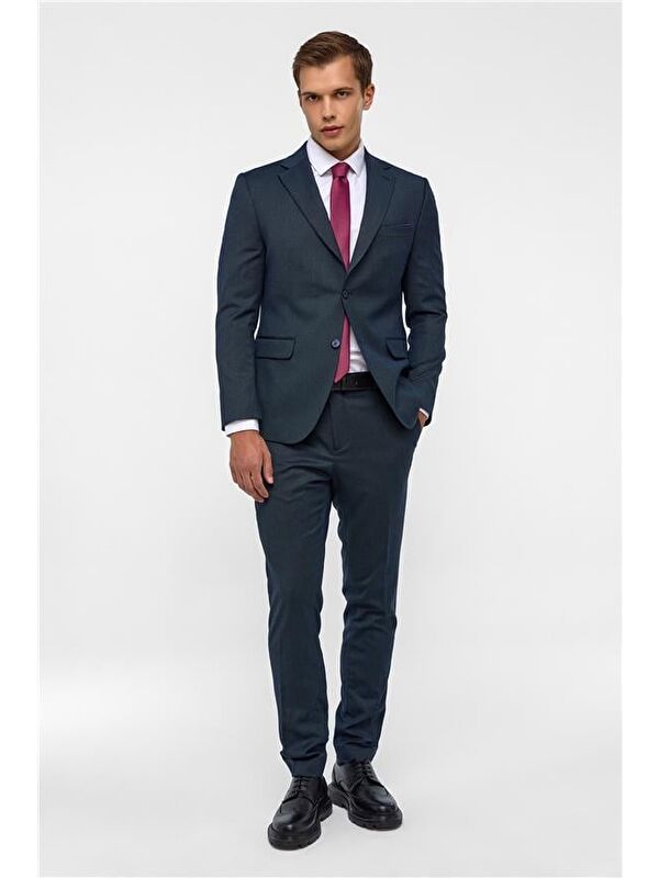 Süvari Lacivert Slim Desenli Mono Yaka 6 Drop Takım Elbise