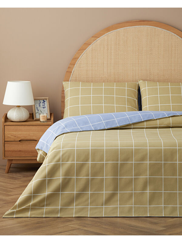 English Home Gridline Kolay Ütülenir Çift Kişilik Nevresim Takımı 200x220 cm Yağ Yeşili- Mavi