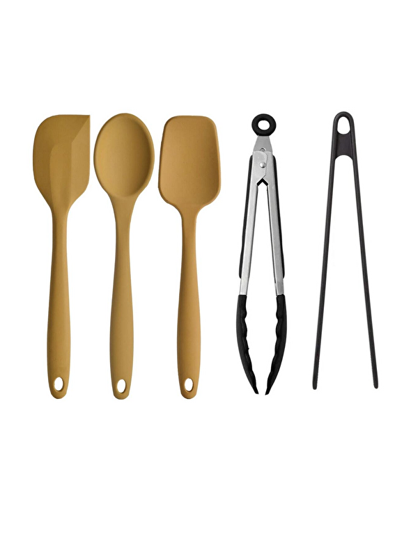 Kitchen Design Lab 5'li Sarı Yanmaz Yapışmaz Silikon Düz Yassı Spatula Kaşık 3 Adet Siyah Metal ve Maşa 2 Adet