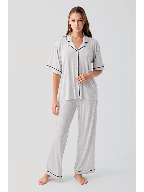 Artış Kısa Kollu Düğmeli Oversize Esnek Elastanlı Viskoz Soft Pijama Takım 19210
