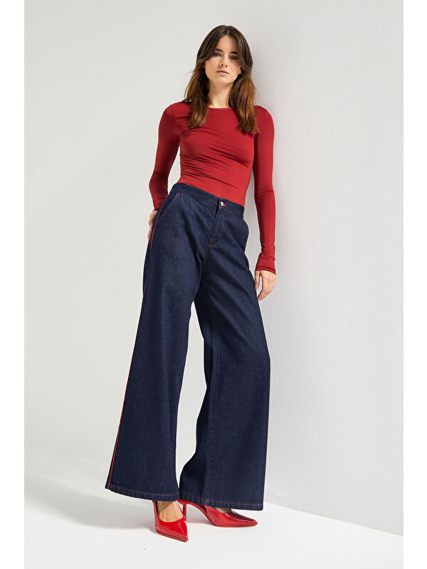 It's Basic Kadın İndigo Renk 7w5-50 Wide Leg Fit Viskon Kumaş Şerit Detaylı Özel Tasarım Denim Jean