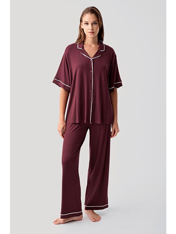 Artış Kısa Kollu Düğmeli Oversize Esnek Elastanlı Viskoz Soft Pijama Takım 19210
