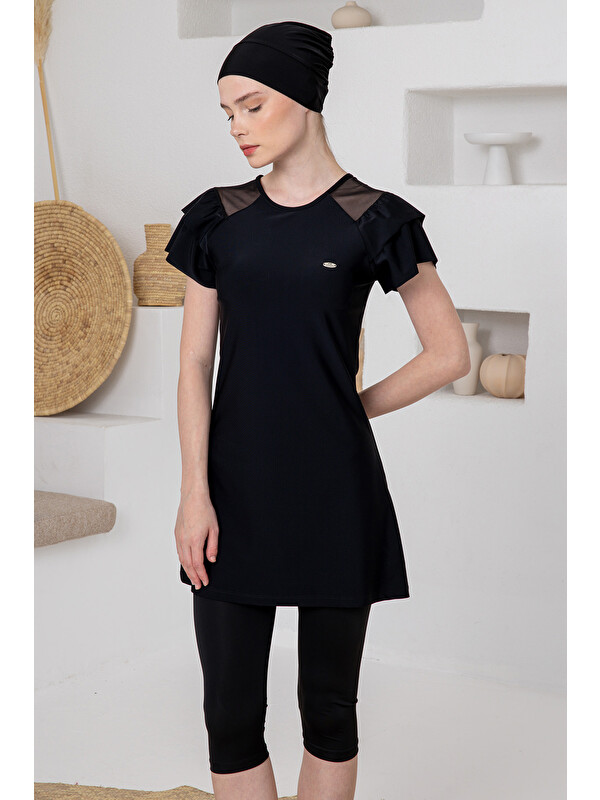 Adasea Kolları Fırfır ve Tül Detay Elastanlı Yarı Kapalı Mayo 1605 Siyah