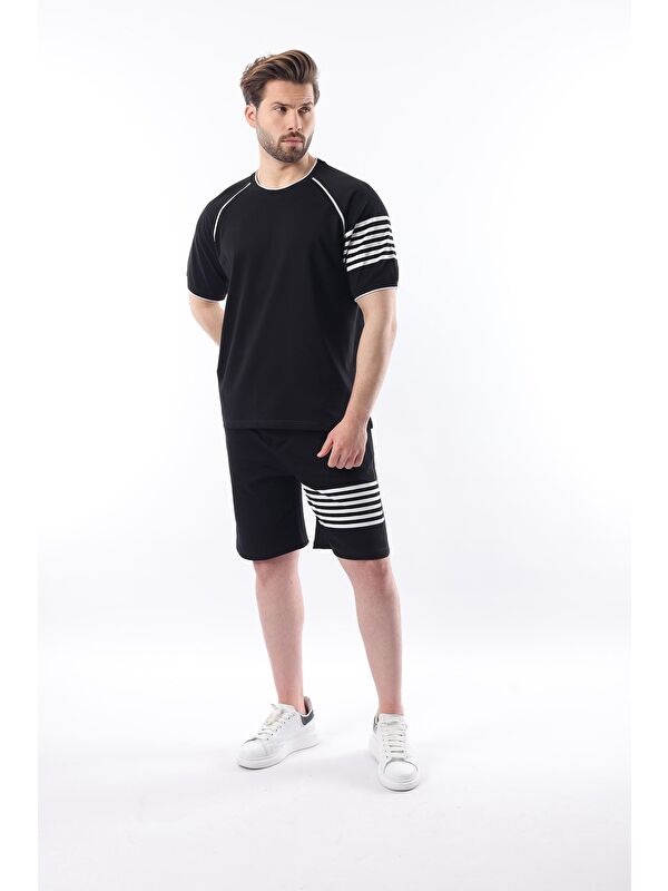 Madmext Siyah Baskılı Reglan Kol Erkek Şort T-Shirt %100 Pamuk Takımı E7306