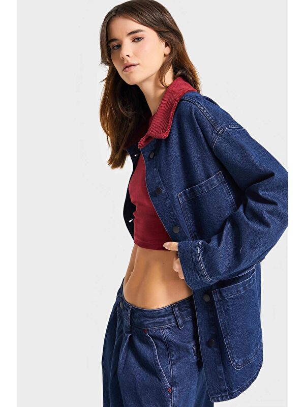 It's Basic Kadın Koyu Mavi Renk 1w5-149 Oversize Yaka Detaylı Bol Kesim Özel Tasarım Denim Ceket