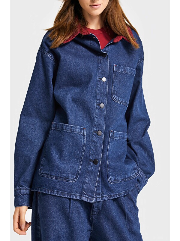It's Basic Kadın Koyu Mavi Renk 1w5-149 Oversize Yaka Detaylı Bol Kesim Özel Tasarım Denim Ceket