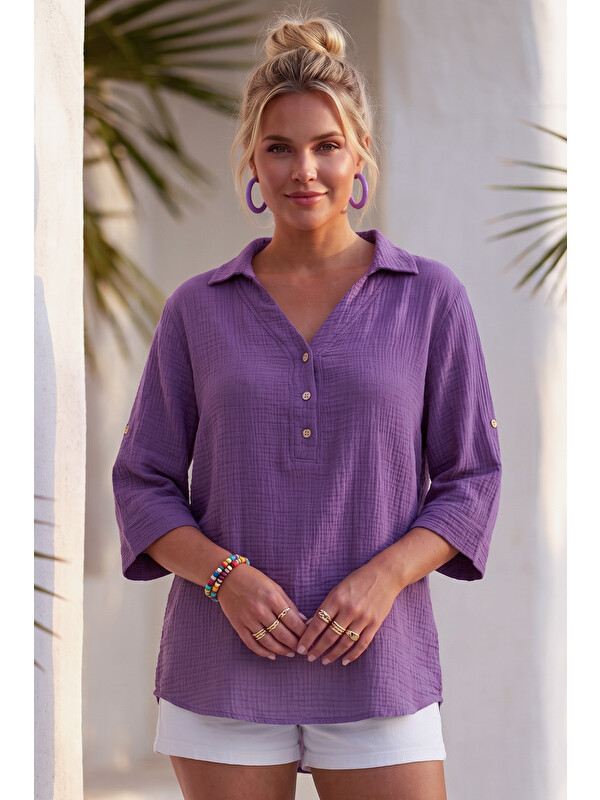 Chiccy Lila Gömlek Yaka Düğmeli 3/4 Kol Casual Müslin Oversize Dokuma 67 67
