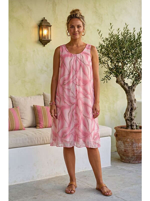 Chiccy İtalyan Pembe Havuz Yaka Kolsuz Desenli Astarlı Casual İpek Dokuma Elbise 105 50
