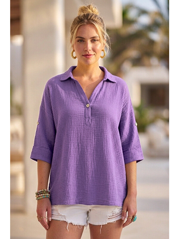 Chiccy Lila Gömlek Yaka Düğmeli 3/4 Kol Casual Müslin Oversize Dokuma 67 55