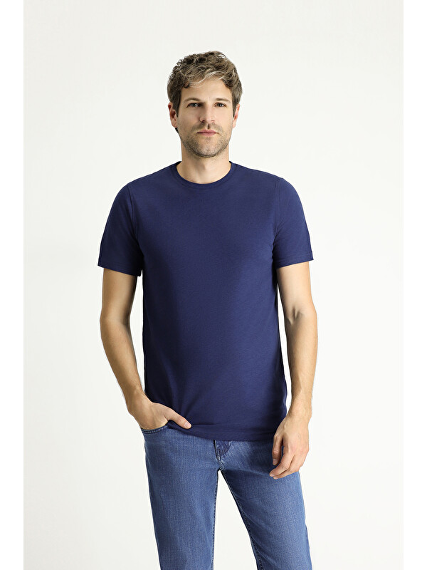 Kiğılı Bisiklet Yaka Slim Fit Dar Kesim Keten Karışımlı Tişört
