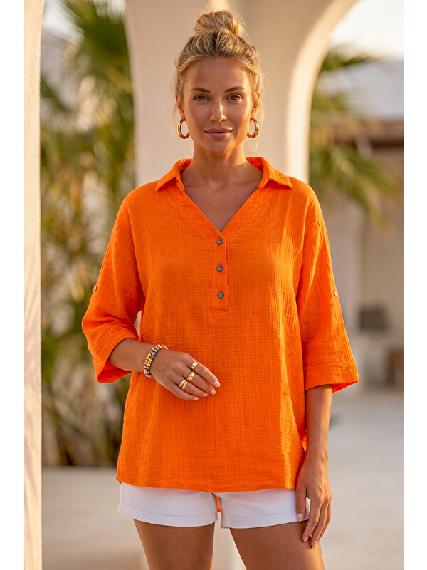 Chiccy Turuncu Gömlek Yaka Düğmeli 3/4 Kol Casual Müslin Oversize Dokuma 67 67