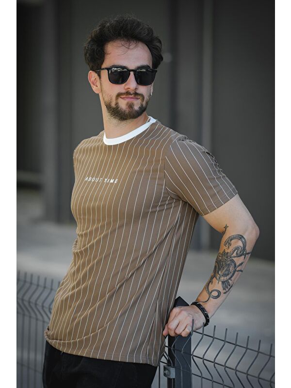Oksit About Baskılı Çizgili Bisiklet Yaka Slim Fit Erkek Tişört