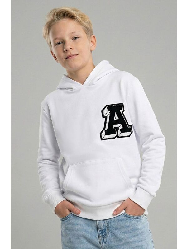 Breeze Erkek Çocuk Sweatshirt A Harfi Yazı Nakış Armalı Beyaz (9-14 Yaş)