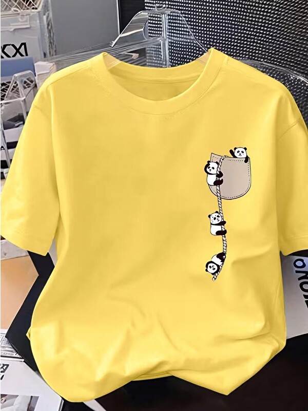 Oksit Sevimli Panda Grafikli İpli Cep Detaylı Kısa Kollu Oversize Unisex Bisiklet Yaka Tişört