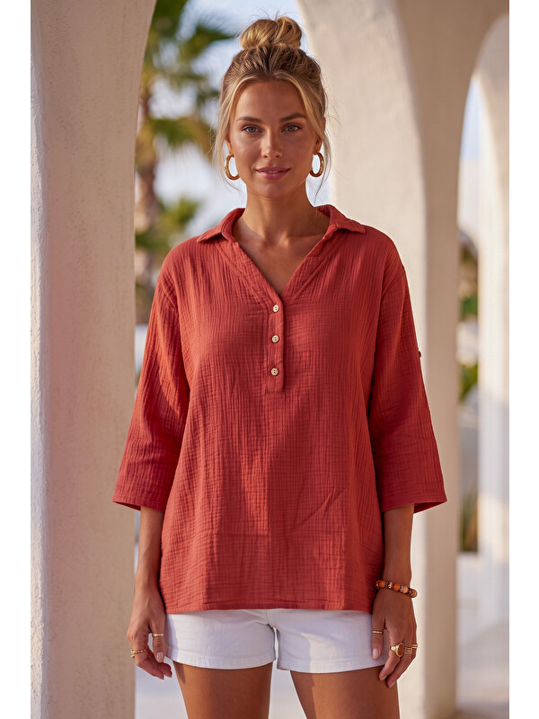 Chiccy Kiremit Rengi Gömlek Yaka Düğmeli 3/4 Kol Casual Müslin Oversize Dokuma 67 67