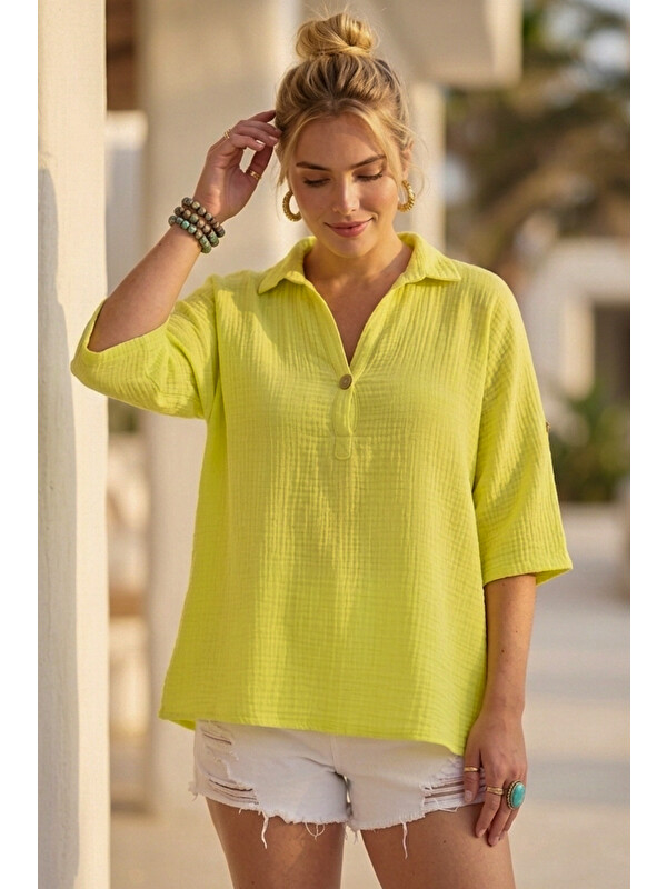 Chiccy Sarı Gömlek Yaka Düğmeli 3/4 Kol Casual Müslin Oversize Dokuma 67 55