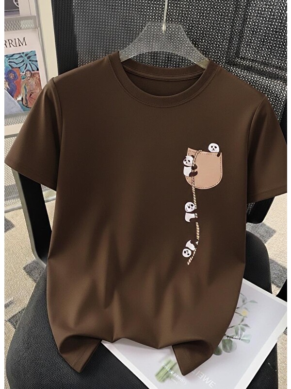 Oksit Sevimli Panda Grafikli İpli Cep Detaylı Kısa Kollu Oversize Unisex Bisiklet Yaka Tişört