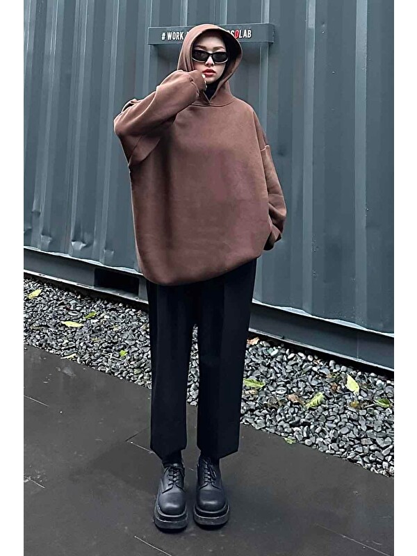 Lamelif Kapüşonlu Salaş Sweatshirt Acı Kahverengi
