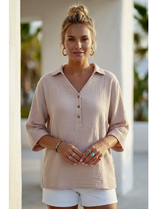 Chiccy Bej Gömlek Yaka Düğmeli 3/4 Kol Casual Müslin Oversize Dokuma 67 67