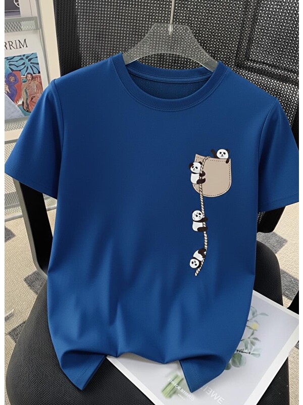 Oksit Sevimli Panda Grafikli İpli Cep Detaylı Kısa Kollu Oversize Unisex Bisiklet Yaka Tişört