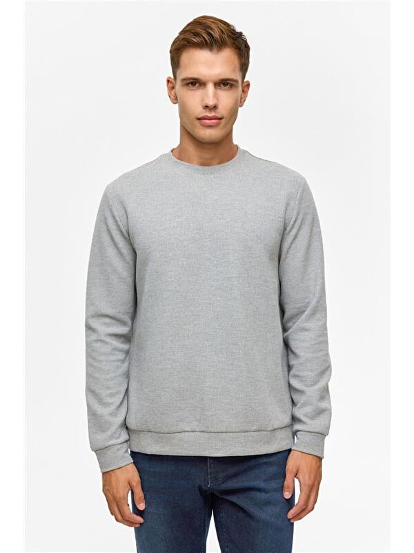 Süvari Gri Regular Düz Bisiklet Yaka Sweatshirt