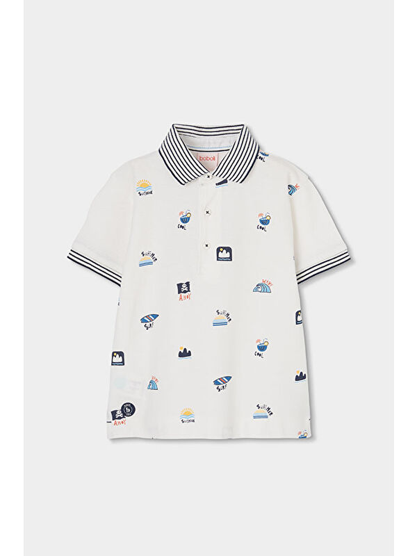Boboli Surf Desenli Polo Yaka Tshirt 2-6 Yaş Beyaz