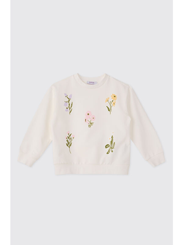 Panço Kız Çocuk Baskılı Ekru Sweatshirt