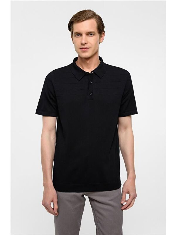 Süvari Siyah Regular Düz Polo Yaka Triko