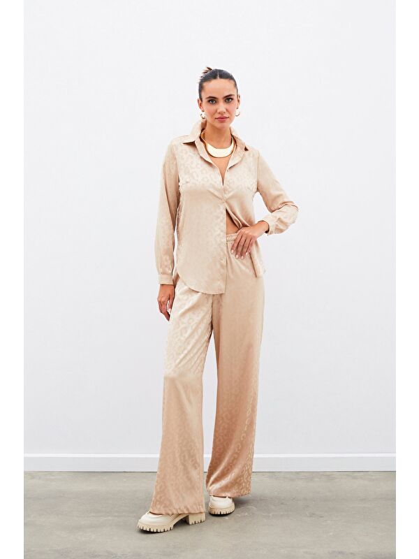 SATEEN Bel Lastikli Desenli Pantolon - Camel