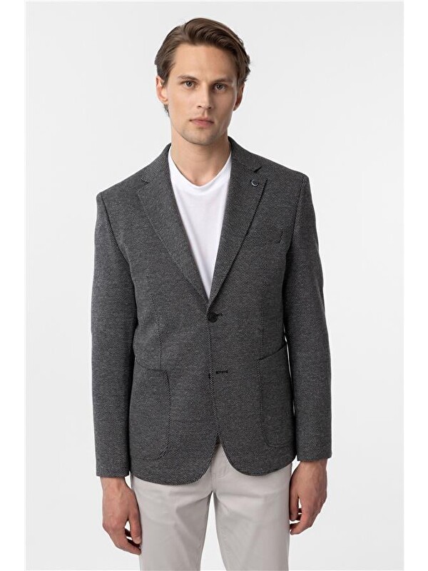 Süvari Siyah Slim Desenli Mono Yaka 6 Drop Blazer Ceket