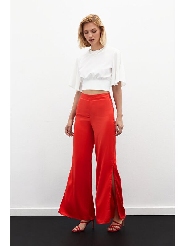 SATEEN Yırtmaç Detaylı Saten Pantolon - Mercan