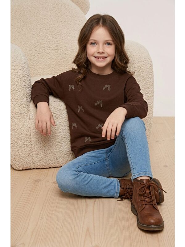 Fullamoda Fiyonk Nakışlı Taşlı Kız Çocuk Sweatshirt