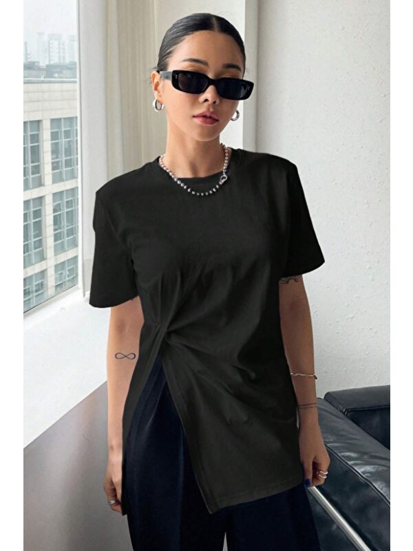 Tarz Cool Kadın Asimetrik Tişört Yırtmaçlı Basic Oversize Kısa Kollu Modern T-Shirt