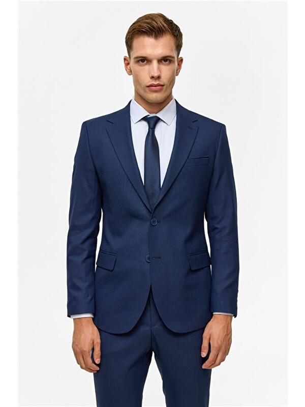 Süvari Lacivert Slim Desenli 6 Drop Takım Elbise