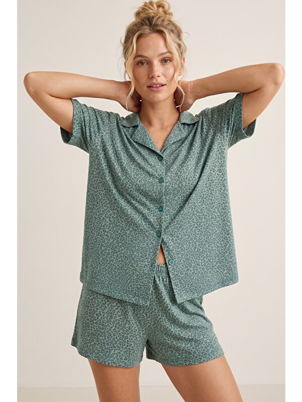 Siyah İnci Gömlek Yaka Düğmeli Örme Şortlu Pijama Takım 8055