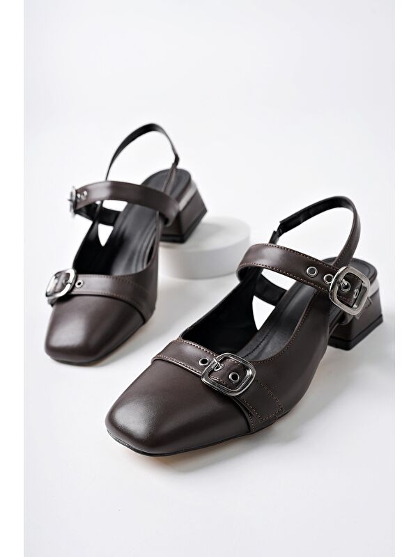 YUQİ Arkası Açık Küt Burun Çift Kemerli Kadın Günlük Klasik Kısa Topuklu Ayakkabı - Görsel 2